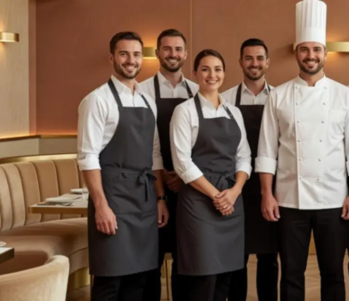 Équipe du restaurant FAD ADAM SUCHENEK réunie dans la salle, souriante et prête à accueillir les convives.