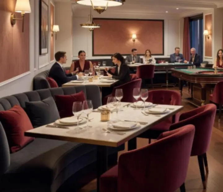 Intérieur du restaurant FAD ADAM SUCHENEK au crépuscule, tables dressées et ambiance chaleureuse