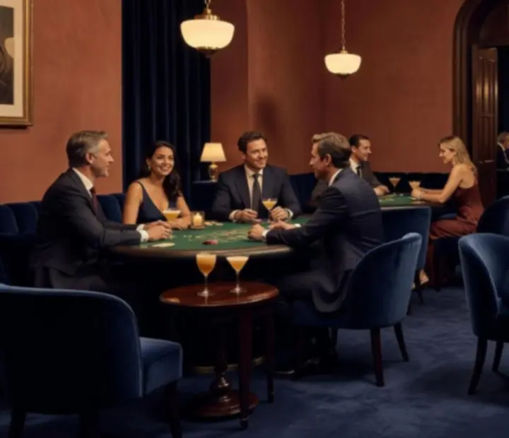 Salon de divertissement avec tables de poker et de roulette dans une ambiance feutrée