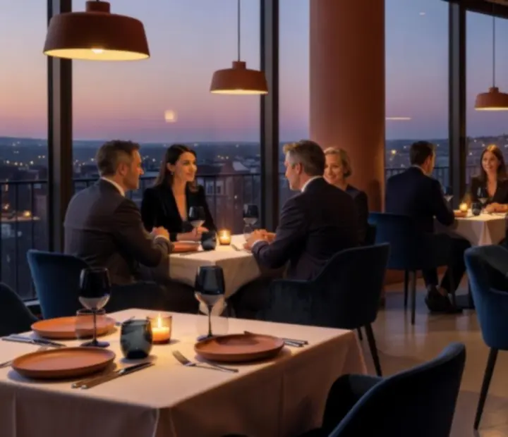 Vue de la salle du restaurant FAD ADAM SUCHENEK, inspirée des salons parisiens.