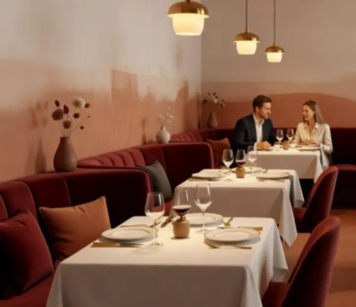 Ambiance intérieure chaleureuse du restaurant FAD ADAM SUCHENEK, entre tables de dîner et salon feutré.