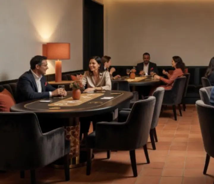 Intérieur du salon de divertissement avec tables de poker et lumière tamisée