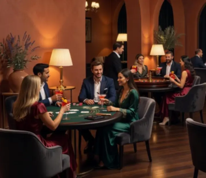 Ambiance du salon du soir avec tables de cartes et lumière tamisée.